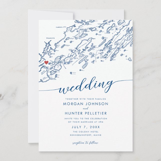 Minimal Modern Portland Maine Map Wedding Invitation (Front)