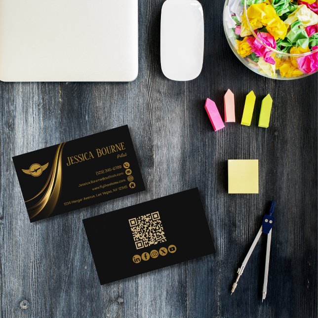 Minimal Modern Professional QR Code Pilot Gold Business Card (Creator Uploaded)
