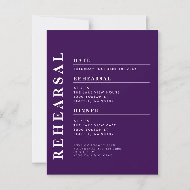 Minimal Modern Purple Rehearsal Dinner Elegant Invitation (Front)
