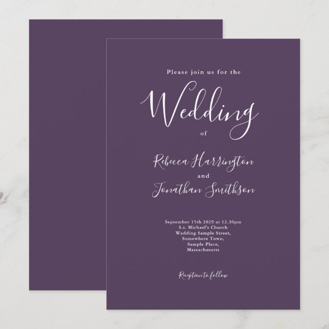 Minimal Modern Purple White Wedding Invitation (Front/Back)