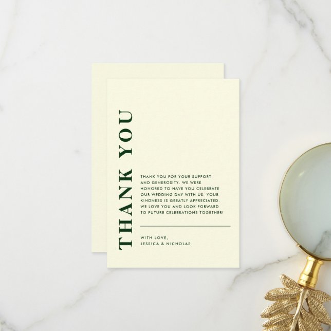 Minimal Modern QR Code Ivory & Green Wedding Thank You Card (Front/Back In Situ)