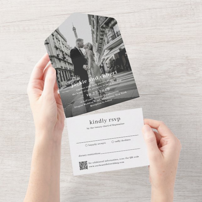 Minimal Modern QR Code Photo Wedding All In One Invitation (Tearaway)