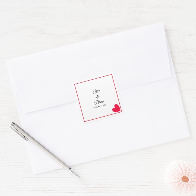 Minimal Modern Red Heart Wedding Square Sticker (Envelope)