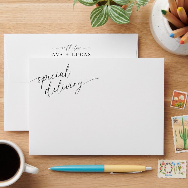 Minimal Modern Script A7 Wedding Return Address Envelope (Desk)