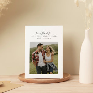 Minimal modern script black and white photo save the date