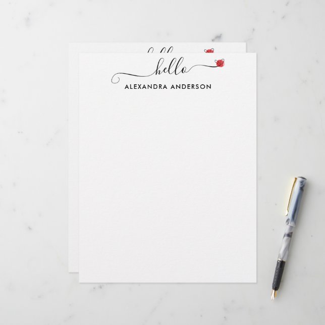 Minimal Modern Script Hello Heart Black and White Letterhead (Front/Back In Situ)