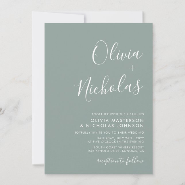 Minimal Modern Script Monogram Sage Green Wedding Invitation (Front)