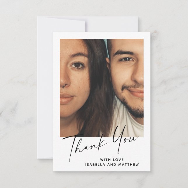 Minimal Modern Script Personalized Photo Wedding Thank You Card (Front)