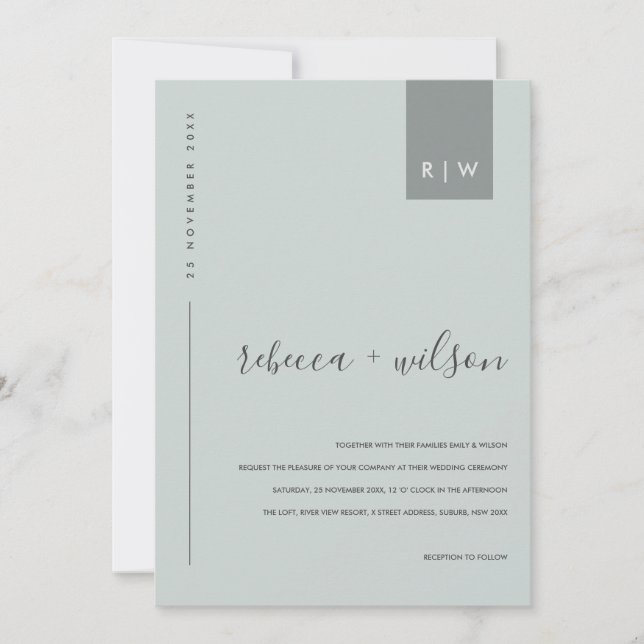 MINIMAL MODERN SOFT BLUE GREY TYPOGRAPHY WEDDING INVITATION (Front)