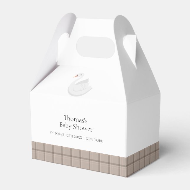 Minimal Modern Swan Plaid Gingham Boy Baby Shower  Favor Box (Front Side)