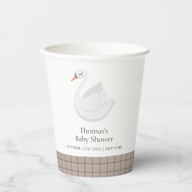 Minimal Modern Swan Plaid Gingham Boy Baby Shower  Paper Cups (Front)