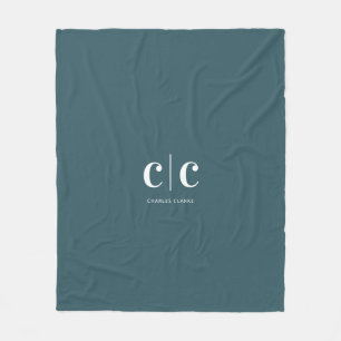 Minimal Modern Teal White Monogram Fleece Blanket