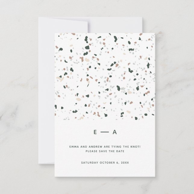 Minimal Modern Terrazzo Pattern Green Pink Wedding Save The Date (Front)