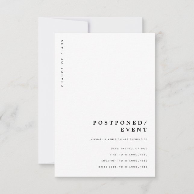 Minimal Modern Typography Event Postponed Card (Front)