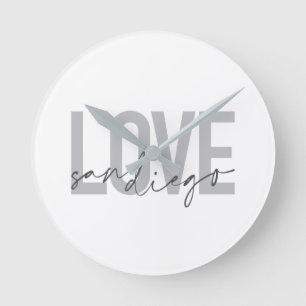 Minimal, modern, urban, cool design Love San Diego Round Clock