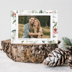 Minimal Modern Watercolor Holiday Holly Photo  Card