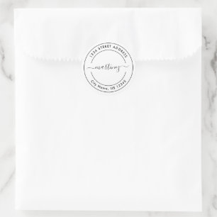 Minimal Modern White Black Round Address Sticker