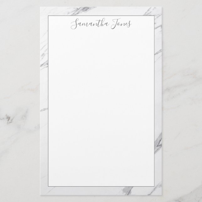 Minimal Modern White Marble Custom Name Stationery (Front)