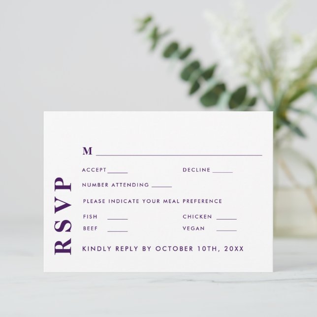 Minimal Modern White & Purple Wedding Elegant RSVP Card (Standing Front)