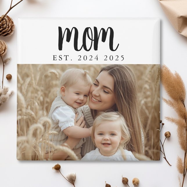 Minimal Mom Established Photo Gift Magnet (modern script mom established date magnet for new mom or photo stocking stuffer mothers day gift)