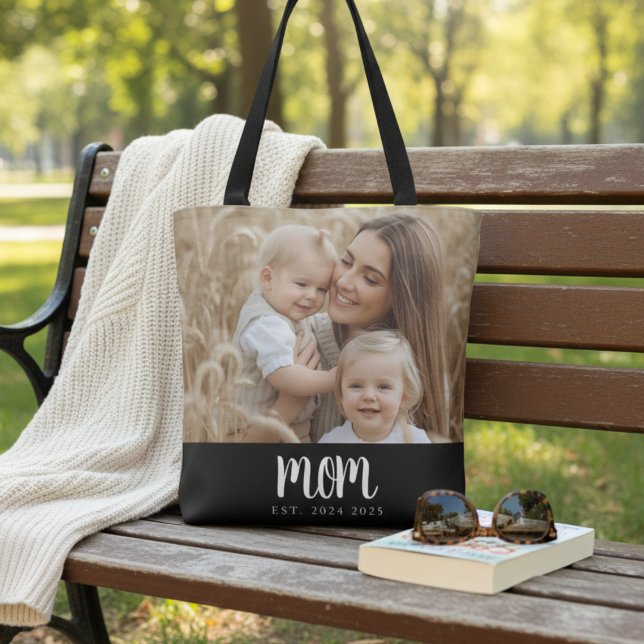 Minimal Mom Established Script Black Photo Tote Bag (modern mom established custom date and photo tote bag for mother's day or Christmas gift from kids)