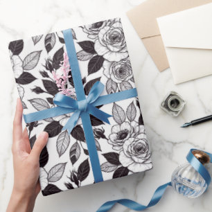 Minimal Monochrome Line Art Roses Wrapping Paper