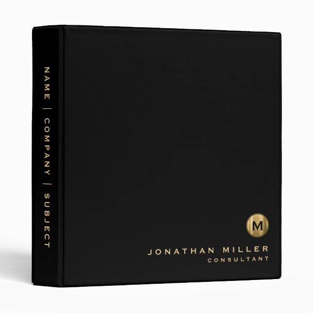Minimal Monogram Black Brushed Gold Professional Binder (Front/Spine)