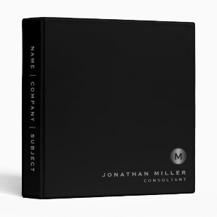 Minimal Monogram Black Silver Office School Binder