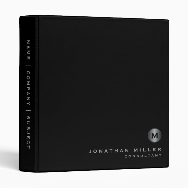 Minimal Monogram Black Silver Office School Binder (Front/Spine)
