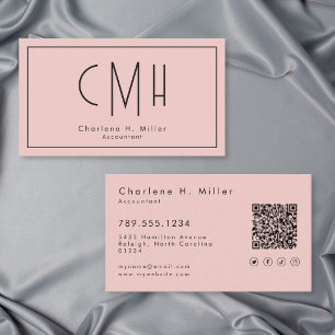 Minimal Monogram Blush Pink Modern QR Professional Business Card
