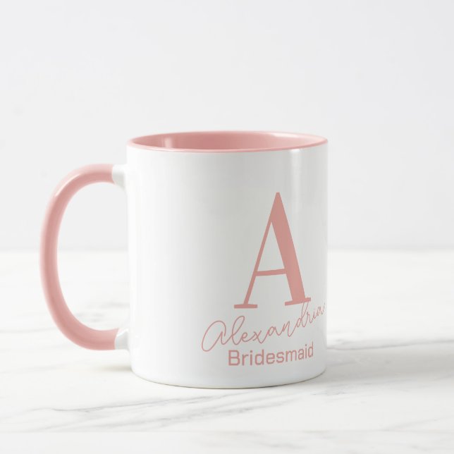 Minimal Monogram Bridesmaid Pink and White Mug (Left)
