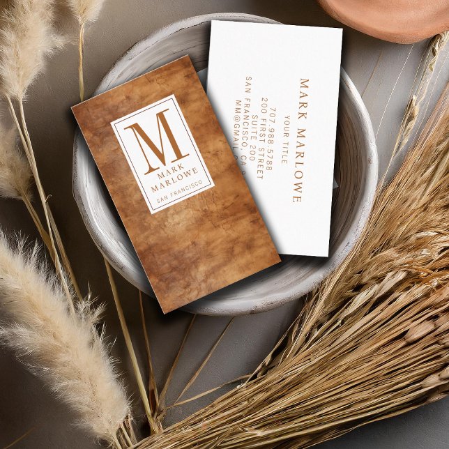 Minimal Monogram Caramel Brown Leather Texture Business Card (Creator Uploaded)