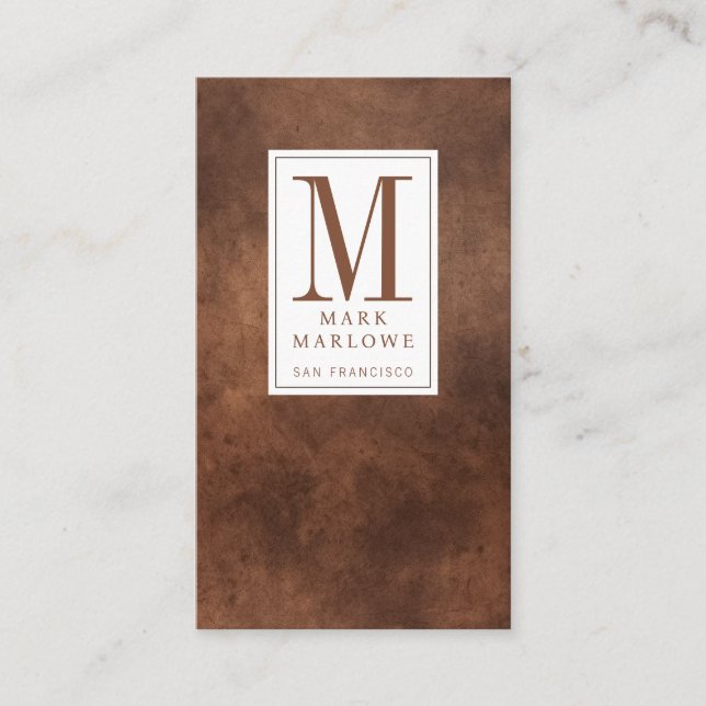 Minimal Monogram Cocoa Brown Leather Texture Business Card (Front)