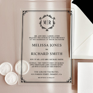 Minimal Monogram Crest Frame Black Wedding Acrylic Invitations