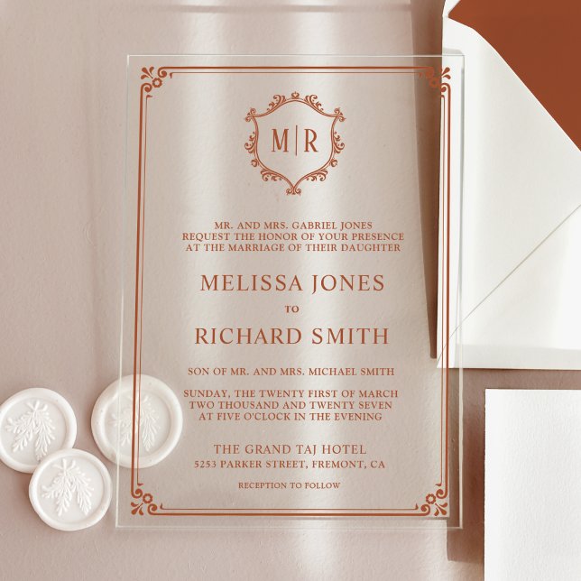 Minimal Monogram Crest Frame Terracotta Wedding Acrylic Invitations (Creator Uploaded)