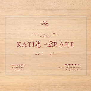 Minimal Monogram Deep Burgundy Script Wedding Acrylic Invitations