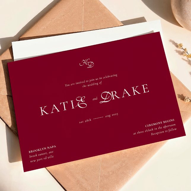 Minimal Monogram Deep Burgundy Script Wedding Invitation (Creator Uploaded)