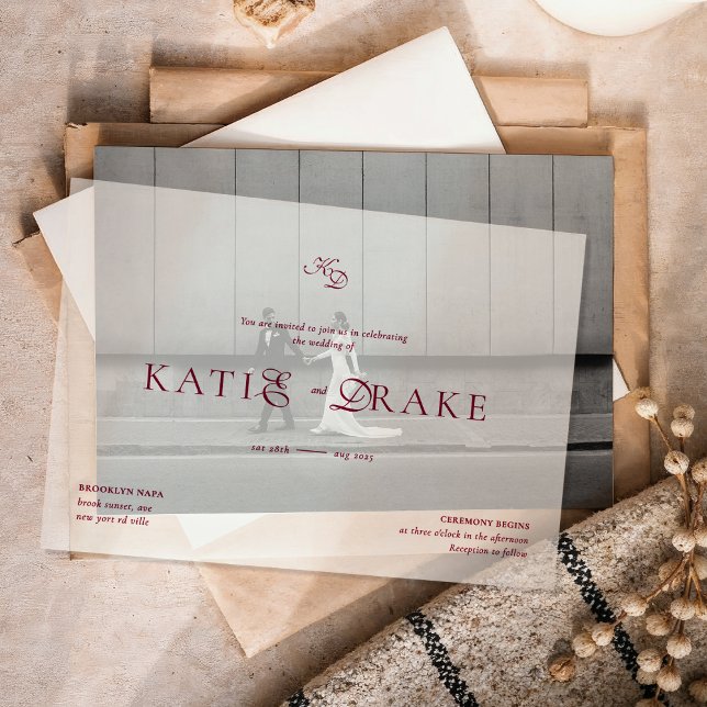 Minimal Monogram Deep Burgundy Script Wedding Vellum Invitations (Creator Uploaded)