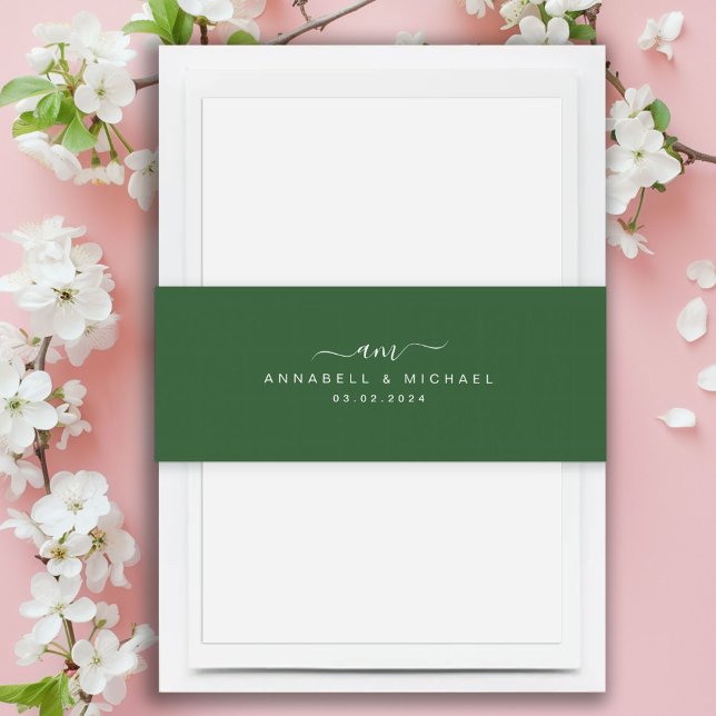 Minimal, Monogram, Handwriting Font, Wedding Invitation Belly Band (Minimal, Monogram, Handwriting Font, Wedding, Green Invitation Belly Band)