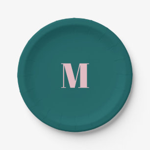 Minimal Monogram Inital Letter Green Pink Paper Plate