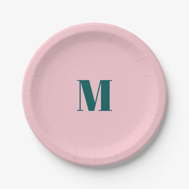 Minimal Monogram Inital Letter Green Pink Paper Plate (Front)
