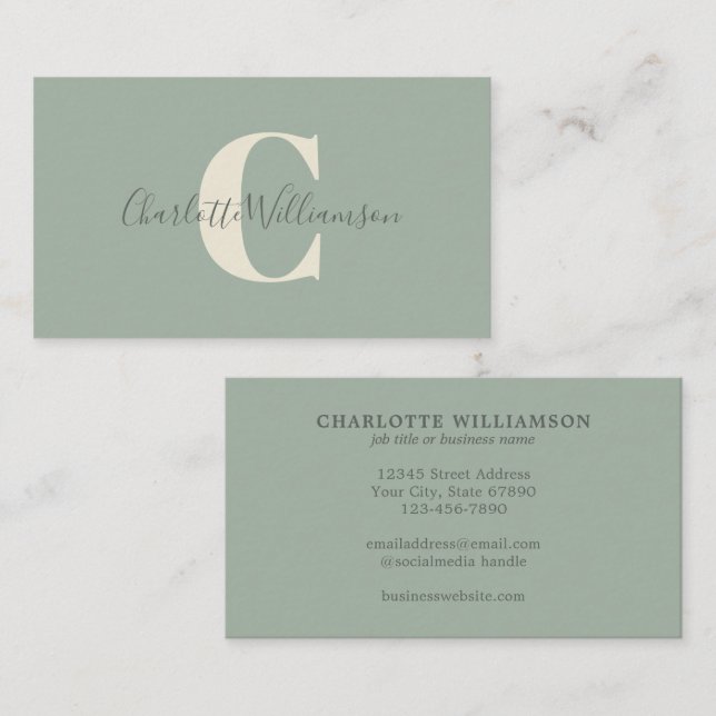 Minimal Monogram Initial Sage Green Elegant Script Business Card (Front/Back)