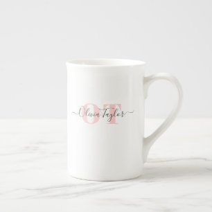 Minimal Monogram Modern Script Blush Personalized Bone China Mug