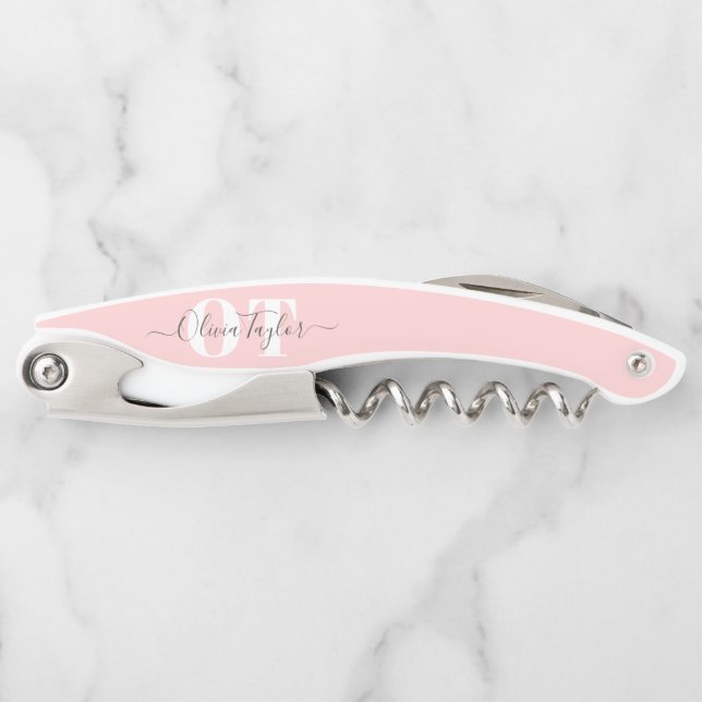 Minimal Monogram Modern Script Blush Personalized Corkscrew (Front)