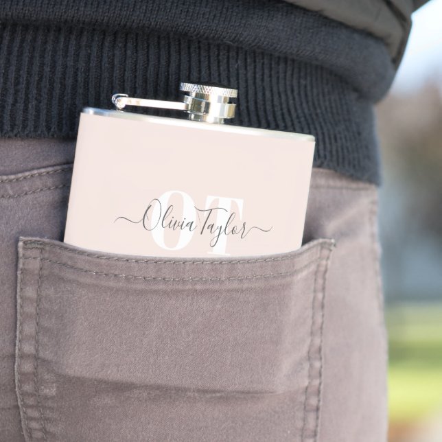 Minimal Monogram Modern Script Blush Personalized Hip Flask (In Situ)