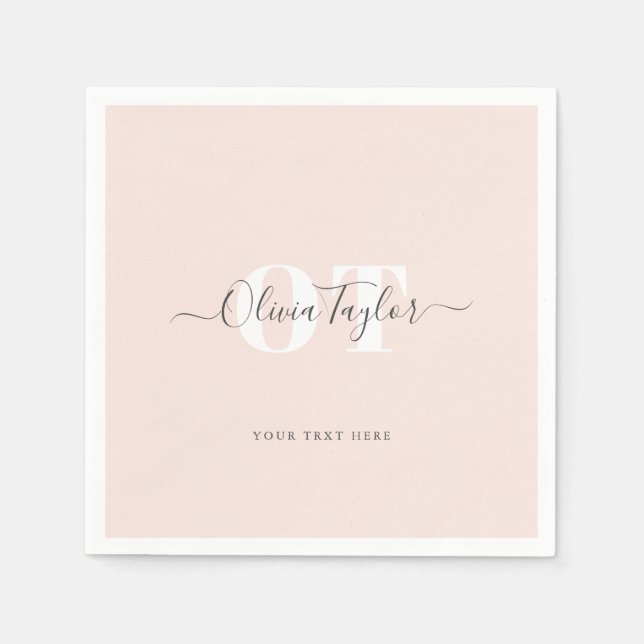 Minimal Monogram Modern Script Blush Personalized Napkin (Front)
