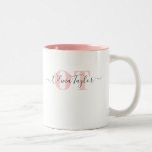 Minimal Monogram Modern Script Blush Personalized  Two-Tone Coffee Mug