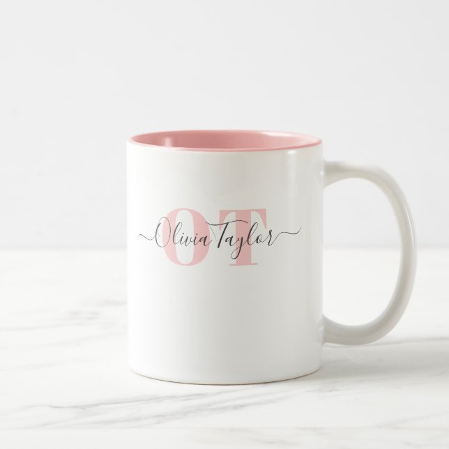 Minimal Monogram Modern Script Blush Personalized  Two-Tone Coffee Mug (Right)