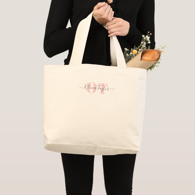 Minimal Monogram Modern Script Blush Pink Large Tote Bag (Front (Product))