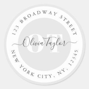 Minimal Monogram Modern Script Grey Return Address Classic Round Sticker